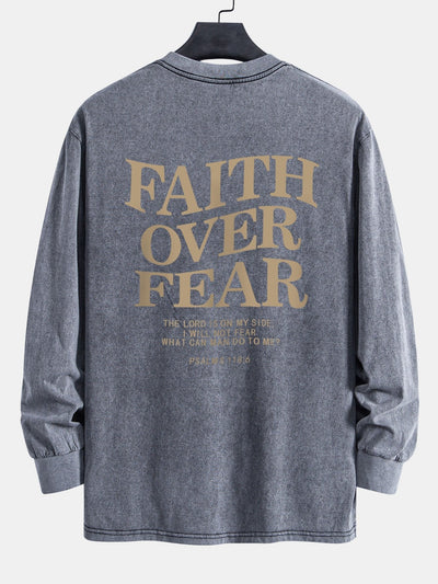Faith Over Fear Print Relax Fit Long Sleeve Washed Distressed T-Shirt