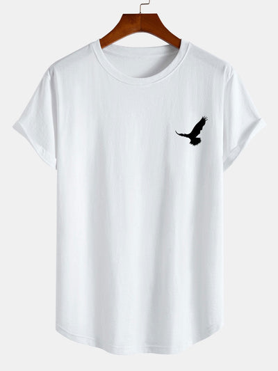 Flying Eagle Print Cotton Arc Hem T-Shirt