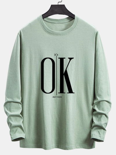 Long Sleeve OK Slogan Print Cotton T-Shirt