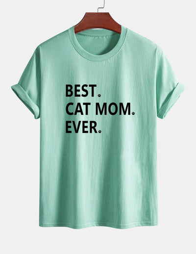 Regular Fit Best Cat Mom Ever Print Cotton T-Shirt