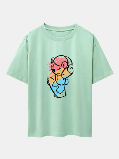 Graffiti Skateboard Bear Print Drop Shoulder Oversize T-Shirt