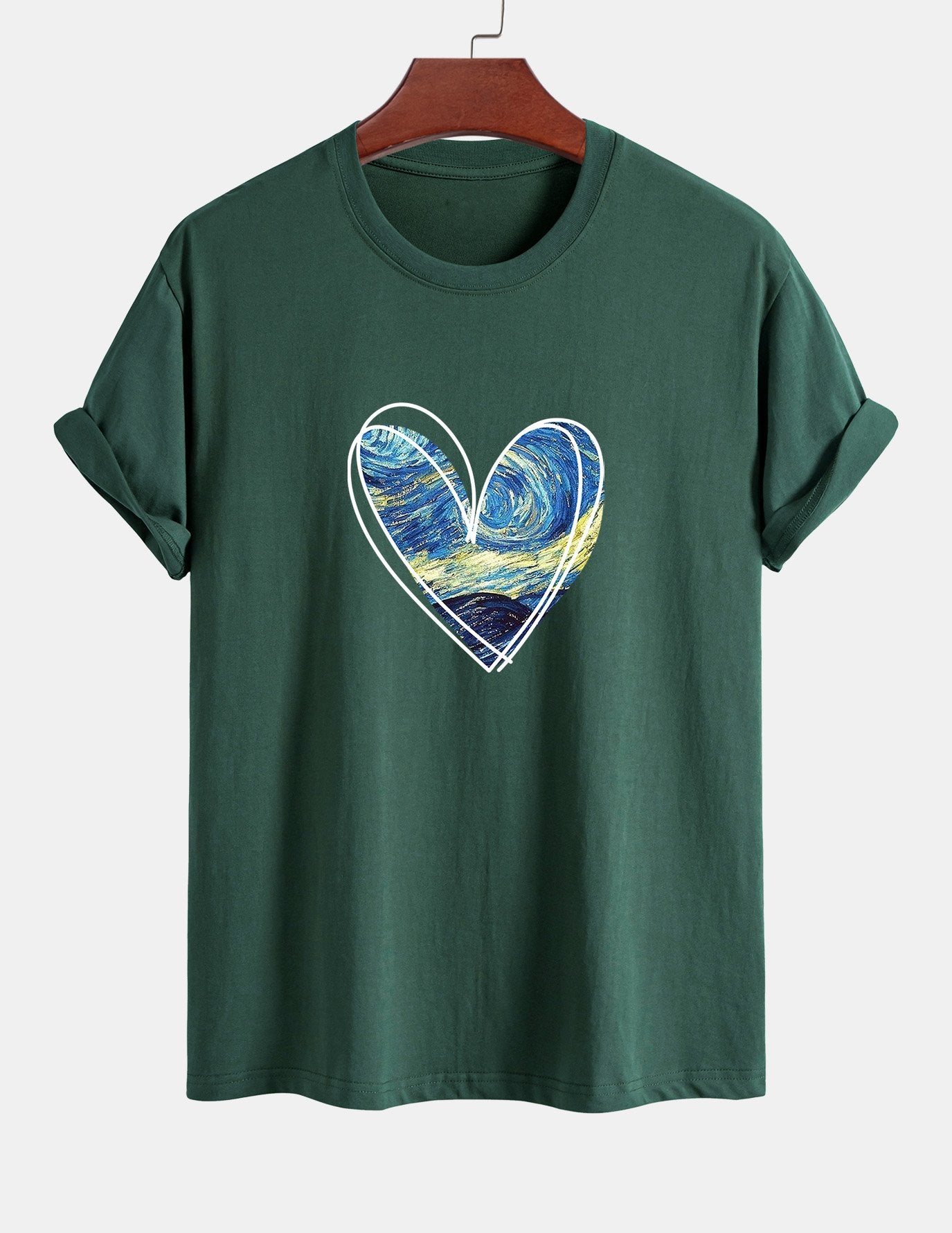 Regular Fit Starry Sky Heart Print Cotton T-Shirt