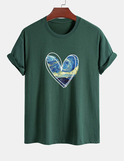 Regular Fit Starry Sky Heart Print Cotton T-Shirt