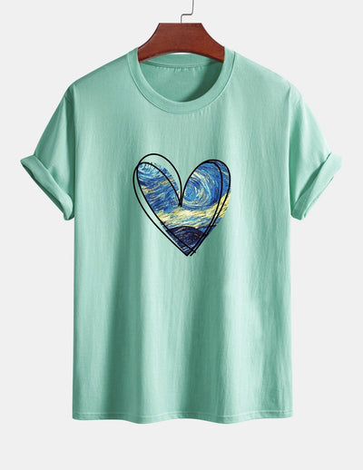 Regular Fit Starry Sky Heart Print Cotton T-Shirt