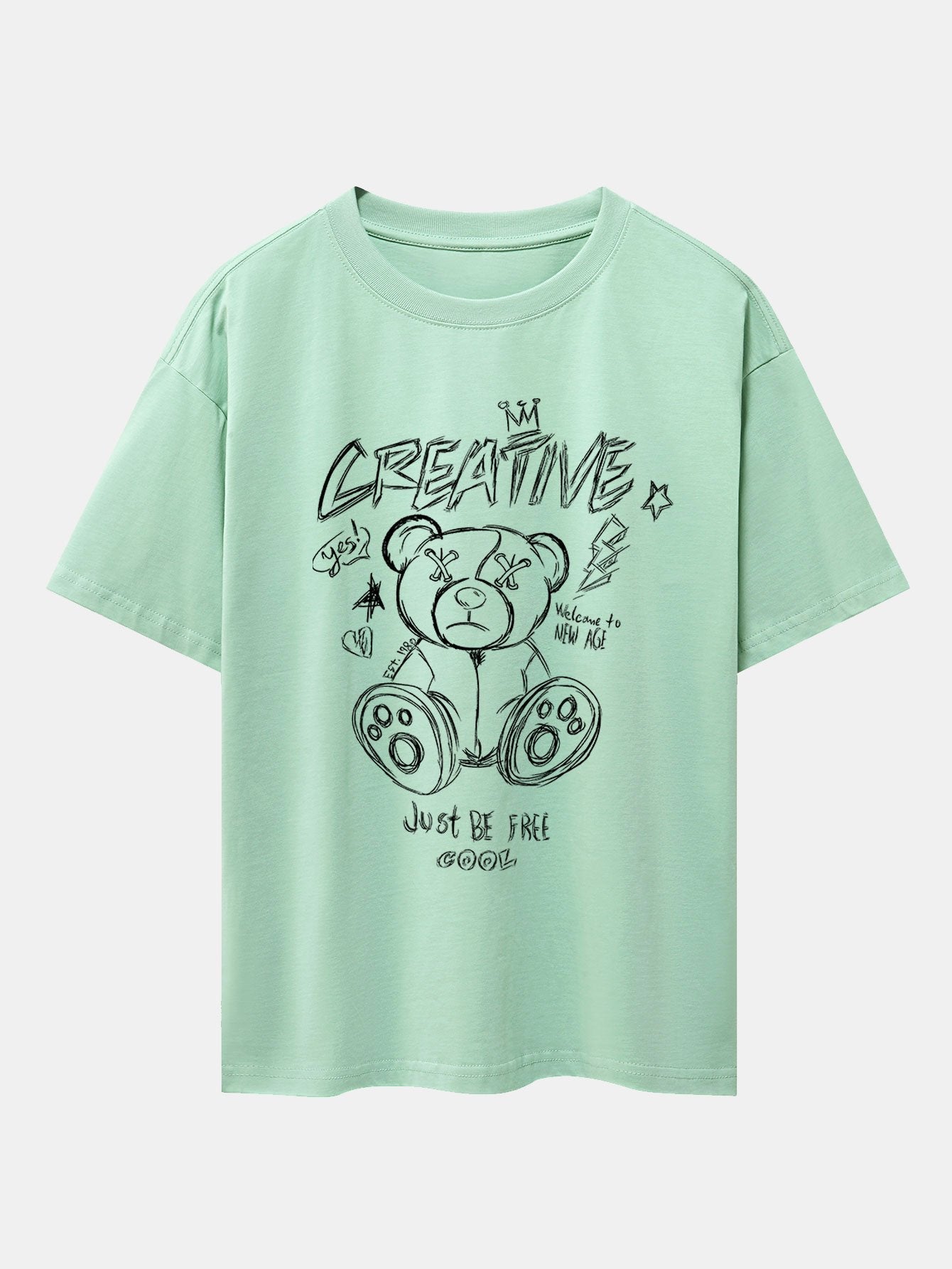 Graffiti Bear Print Drop Shoulder Oversize T-Shirt