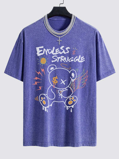Graffiti Bear Print Washed Drop Shoulder Oversize T-Shirt