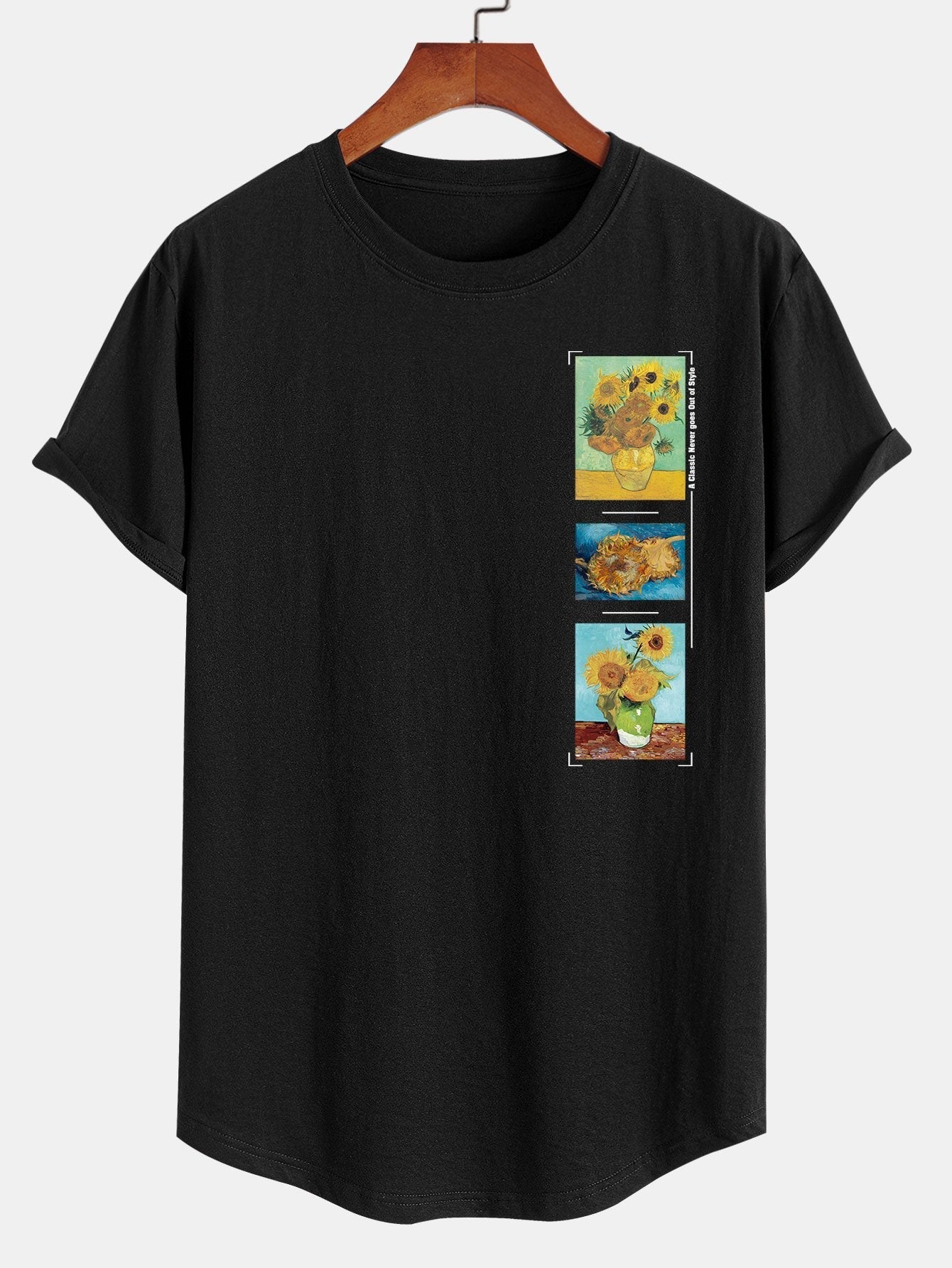 Sunflower Oil Painting Print Cotton Arc Hem T-Shirt