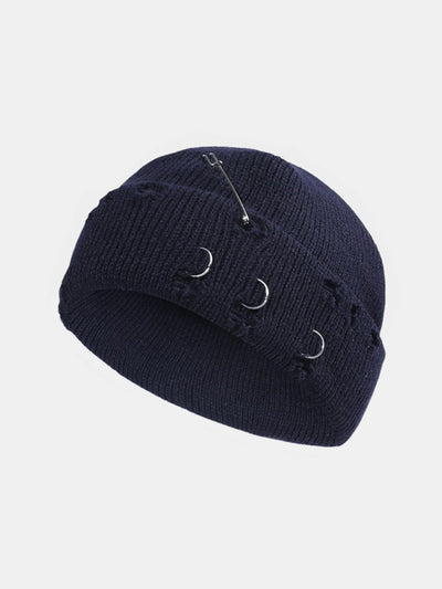 Street Hip-hop With Perforated Iron Ring Pin Knit Hat
