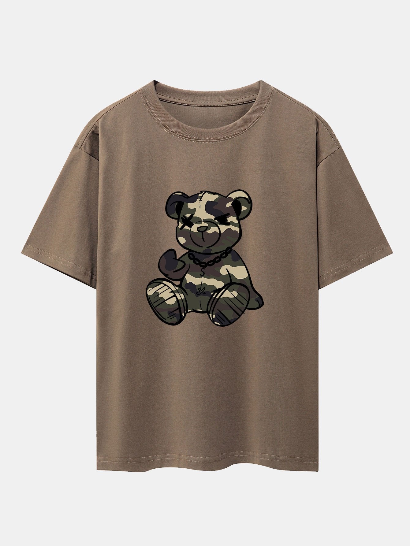 Camouflage Bear Print Drop Shoulder Oversize T-Shirt