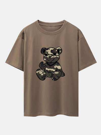 Camouflage Bear Print Drop Shoulder Oversize T-Shirt