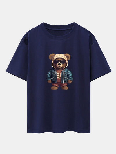 Bear In Leather Jacket Print Drop Shoulder Oversize T-Shirt