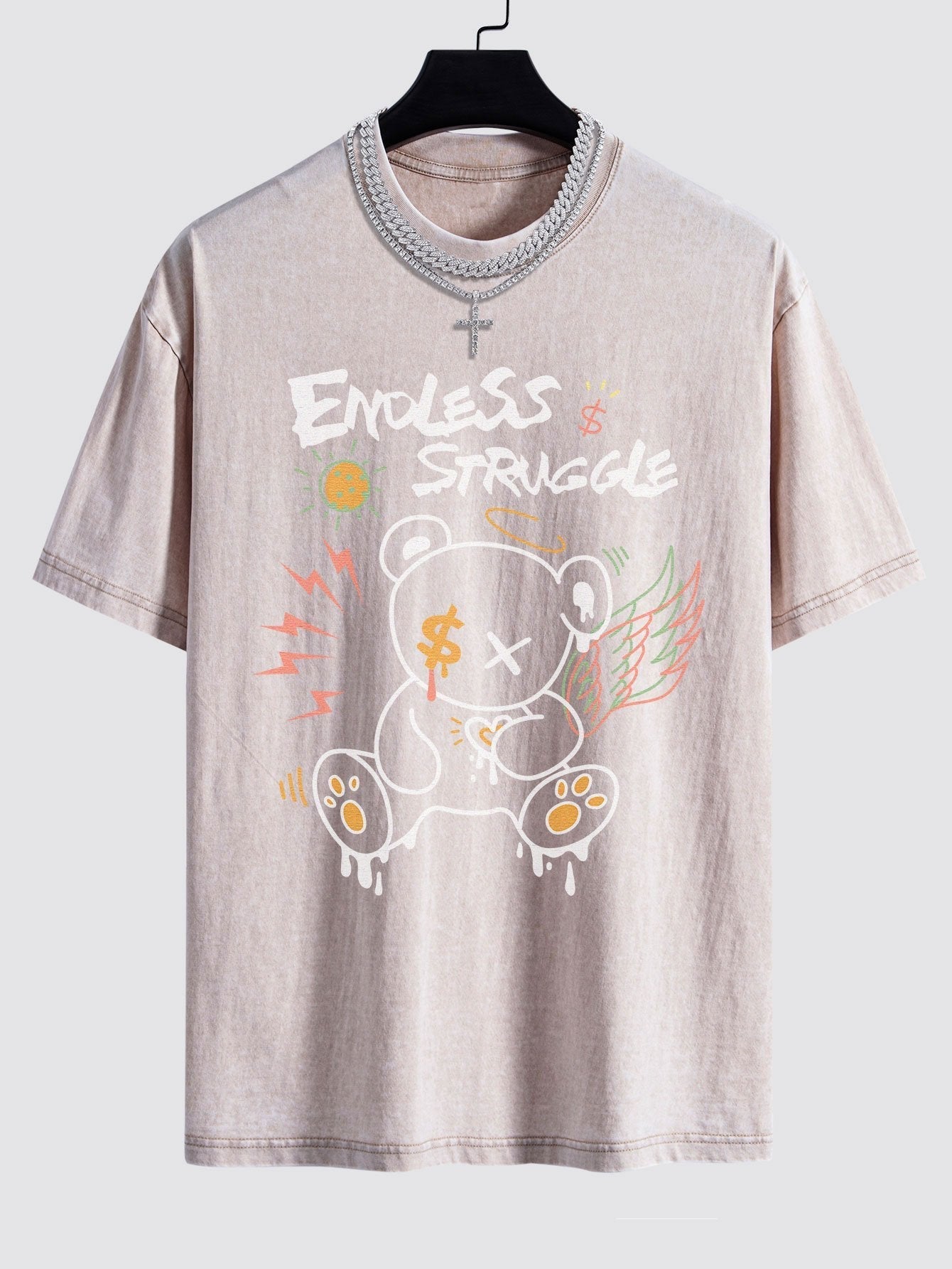 Graffiti Bear Print Washed Drop Shoulder Oversize T-Shirt