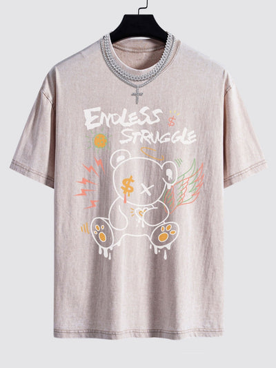 Graffiti Bear Print Washed Drop Shoulder Oversize T-Shirt