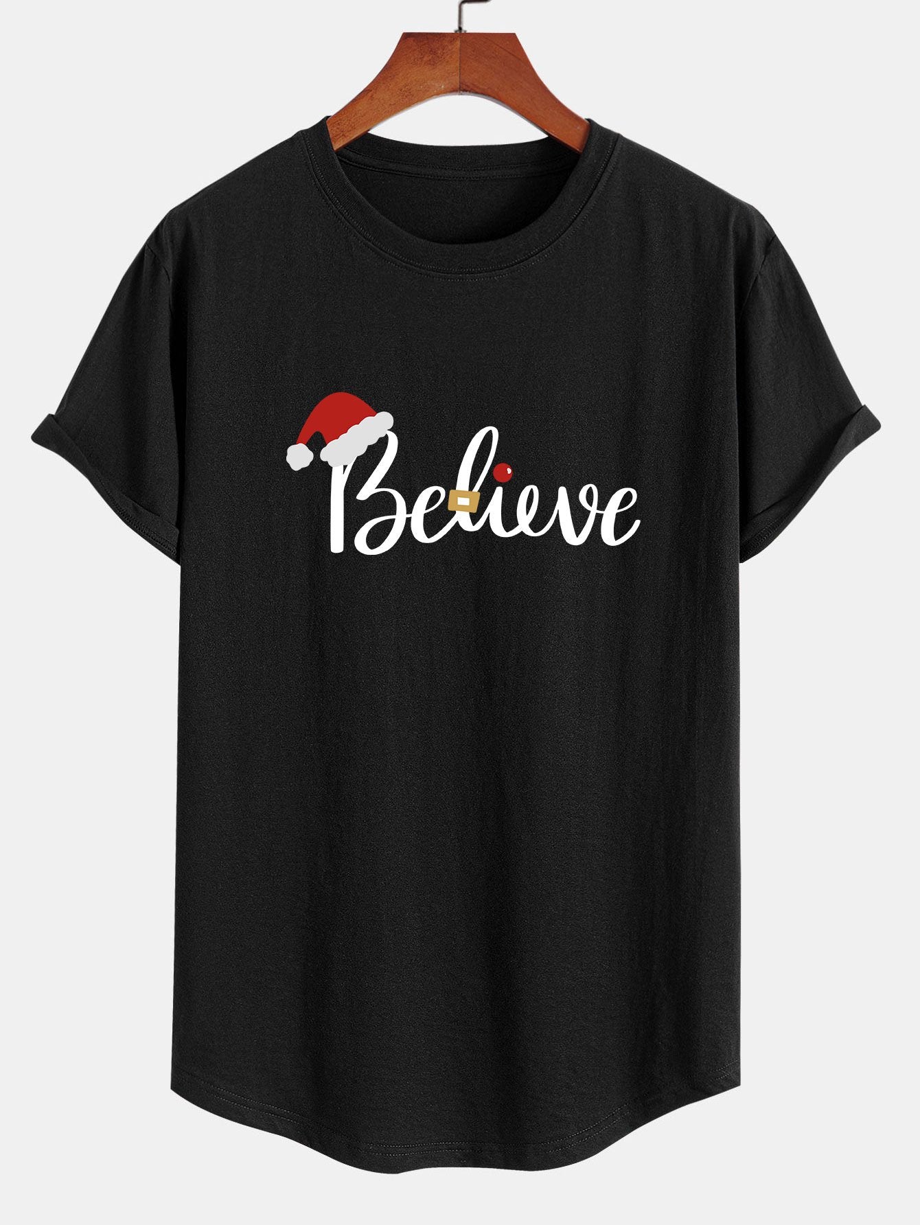 Christmas Believe Print Cotton Arc Hem T-Shirt