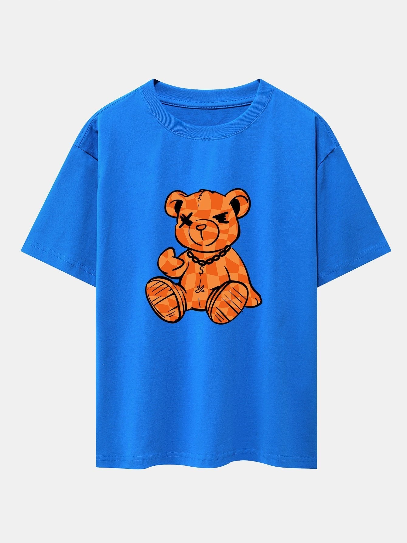 Orange Stitching Bear Print Drop Shoulder Oversize T-Shirt