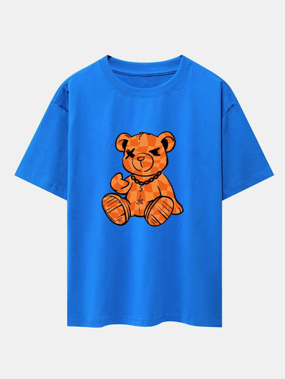 Orange Stitching Bear Print Drop Shoulder Oversize T-Shirt
