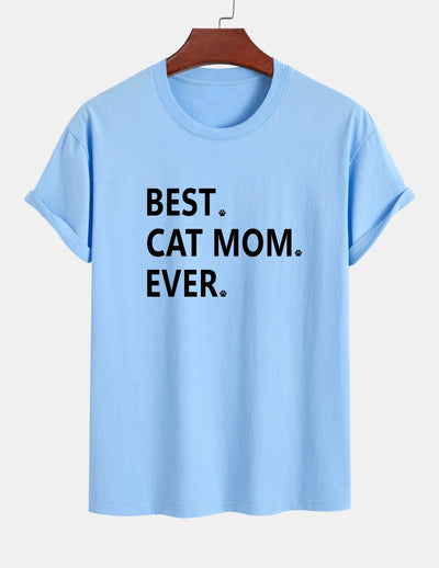 Regular Fit Best Cat Mom Ever Print Cotton T-Shirt