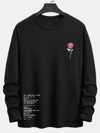 Long Sleeve Slogon Rose Print Cotton T-Shirt