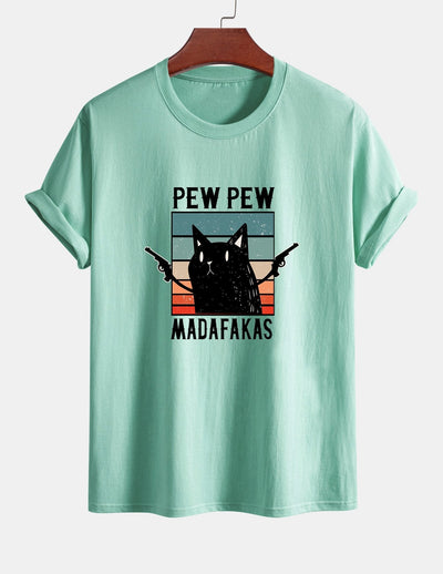 Regular Fit PEW PEW MADAFAKAS Black Cat Print Cotton T-Shirt