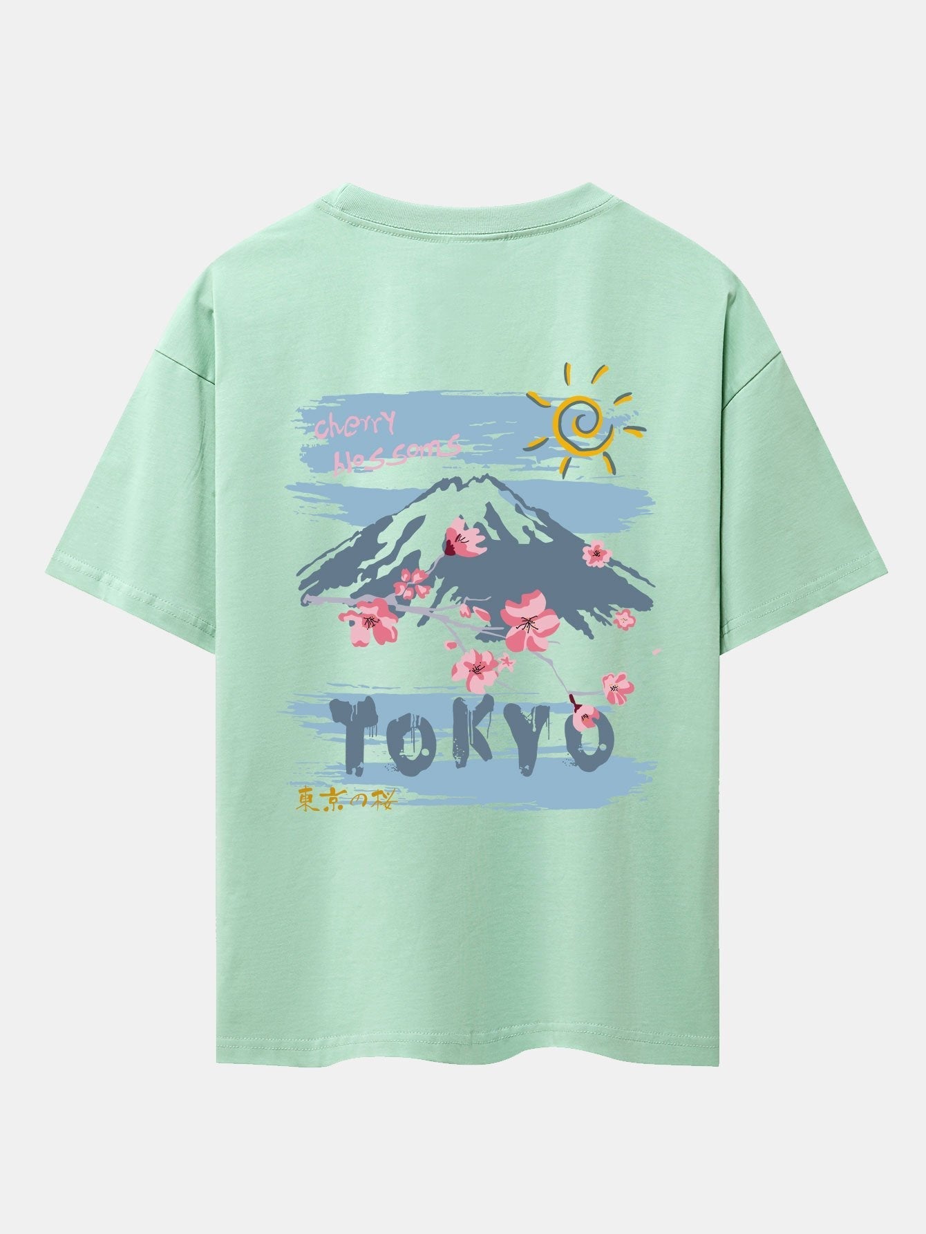 Mountain Cherry Blossoms Back Print Oversize T-Shirt