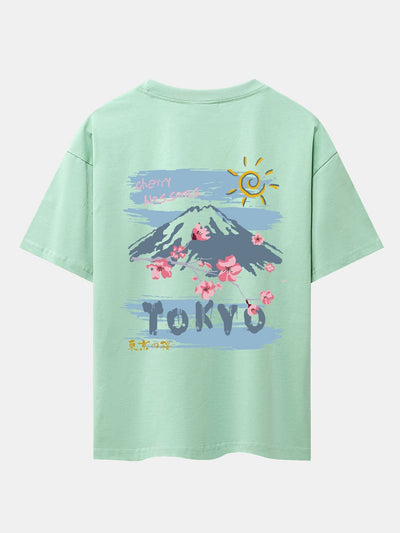 Mountain Cherry Blossoms Back Print Oversize T-Shirt