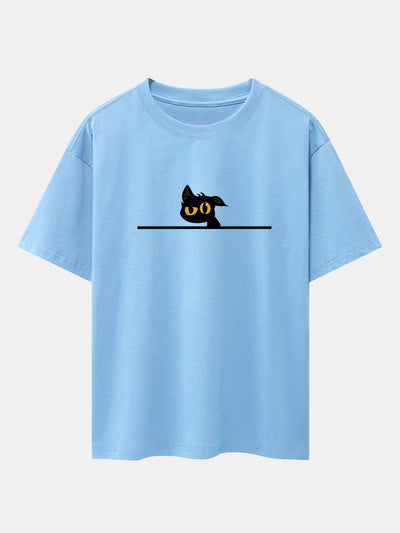 Black Cat In Doubt Print Drop Shoulder Oversize T-Shirt