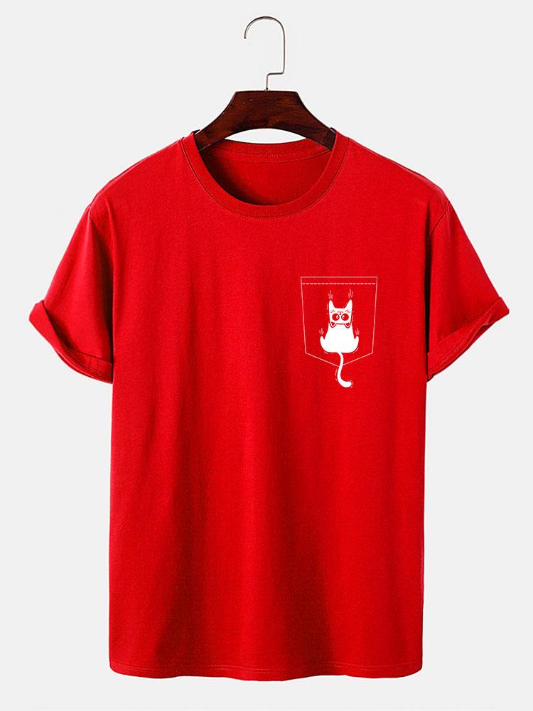 Cat Slipping Out Of Pocket Print T-Shirt