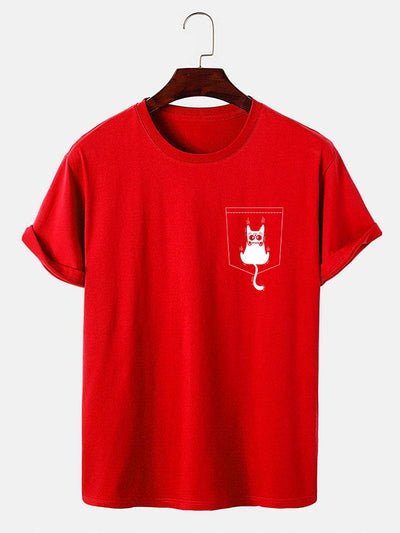 Cat Slipping Out Of Pocket Print T-Shirt