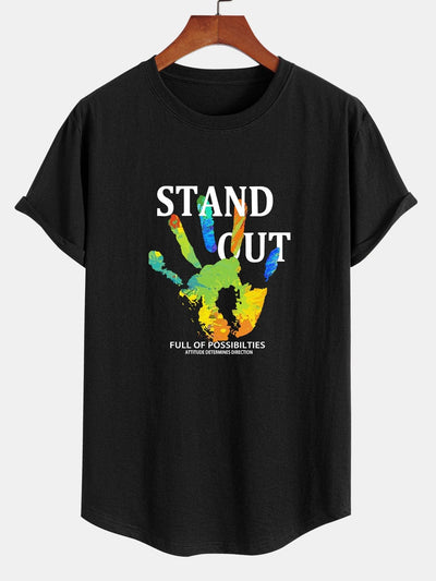 Handprint Slogan Print Cotton Arc Hem T-Shirt