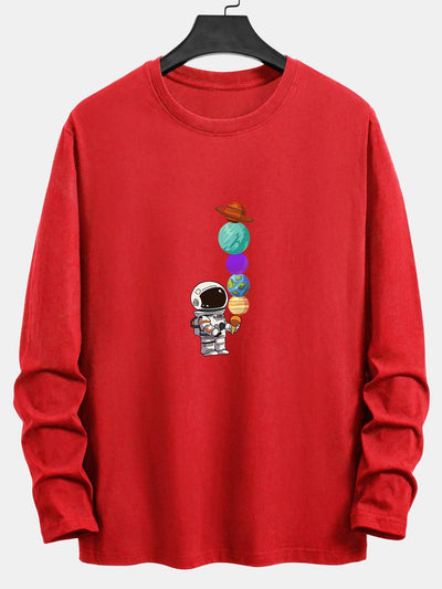 Long Sleeve Planet Astronaut Print Cotton T-Shirt