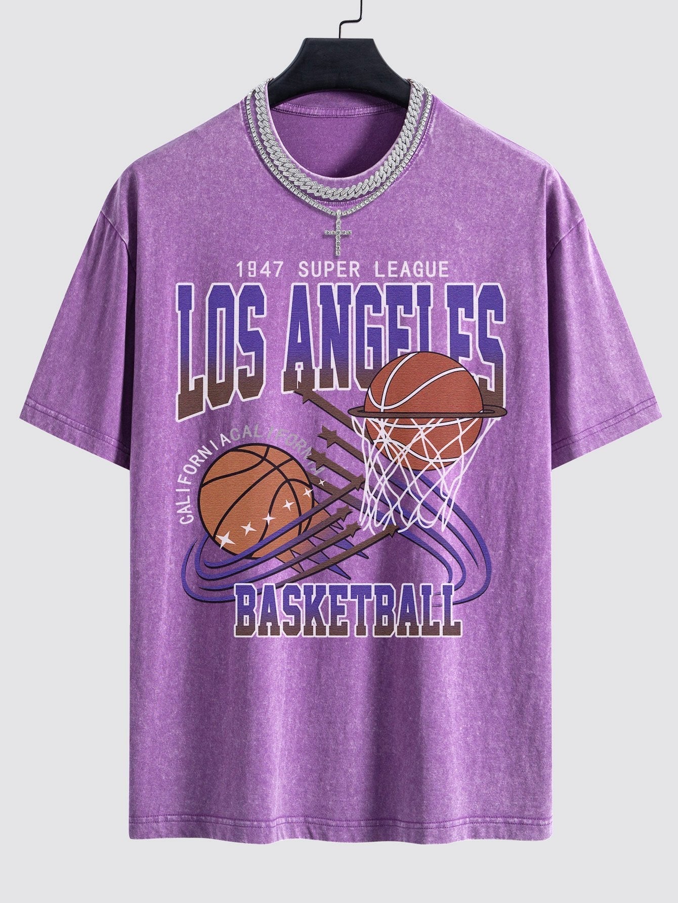 Los Angeles Basketball Print Washed Drop Shoulder Oversize T-Shirt
