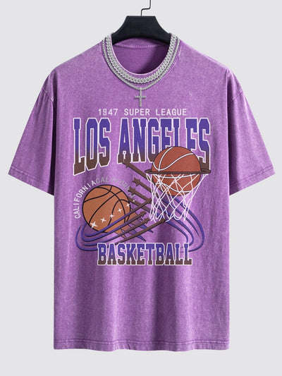 Los Angeles Basketball Print Washed Drop Shoulder Oversize T-Shirt