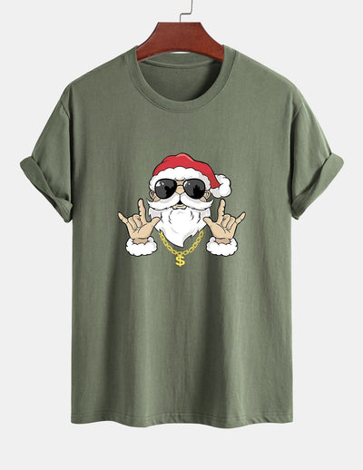 Regular Fit Hip Hop Santa Print Cotton T-Shirt