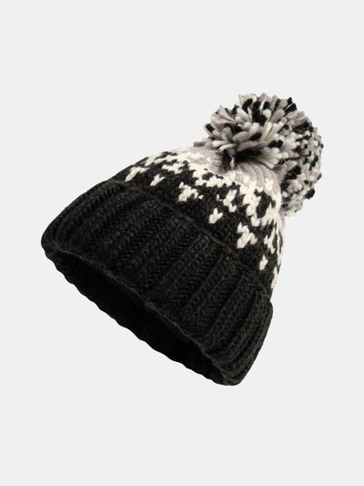 Geometric Pattern Knit Beanie Hat With Pom Pom