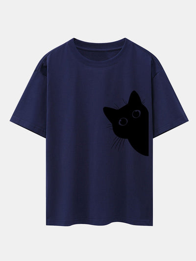 Black Cat Print Drop Shoulder Oversize T-Shirt