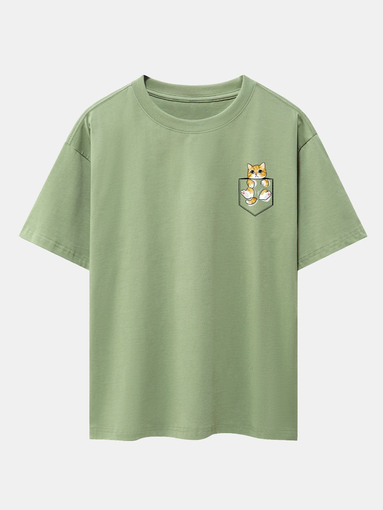 Pocket Cat Print Drop Shoulder Oversize T-Shirt