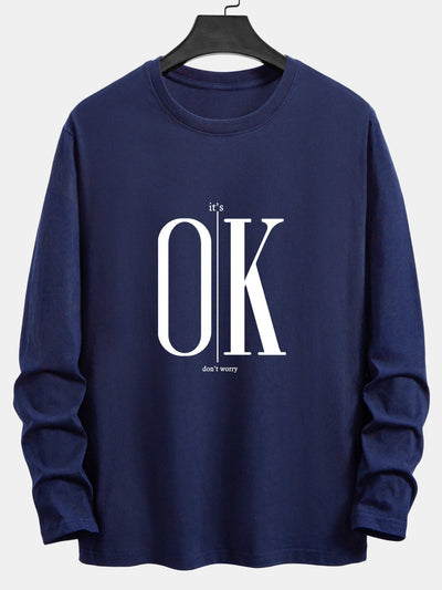 Long Sleeve OK Slogan Print Cotton T-Shirt