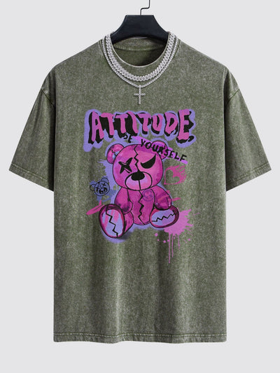 Slogan Violent Bear Print Washed Drop Shoulder Oversize T-Shirt