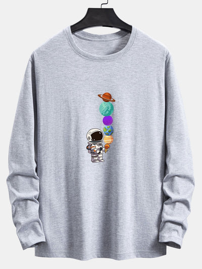 Long Sleeve Planet Astronaut Print Cotton T-Shirt