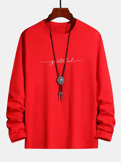 Long Sleeve Grateful Print Cotton T-Shirt