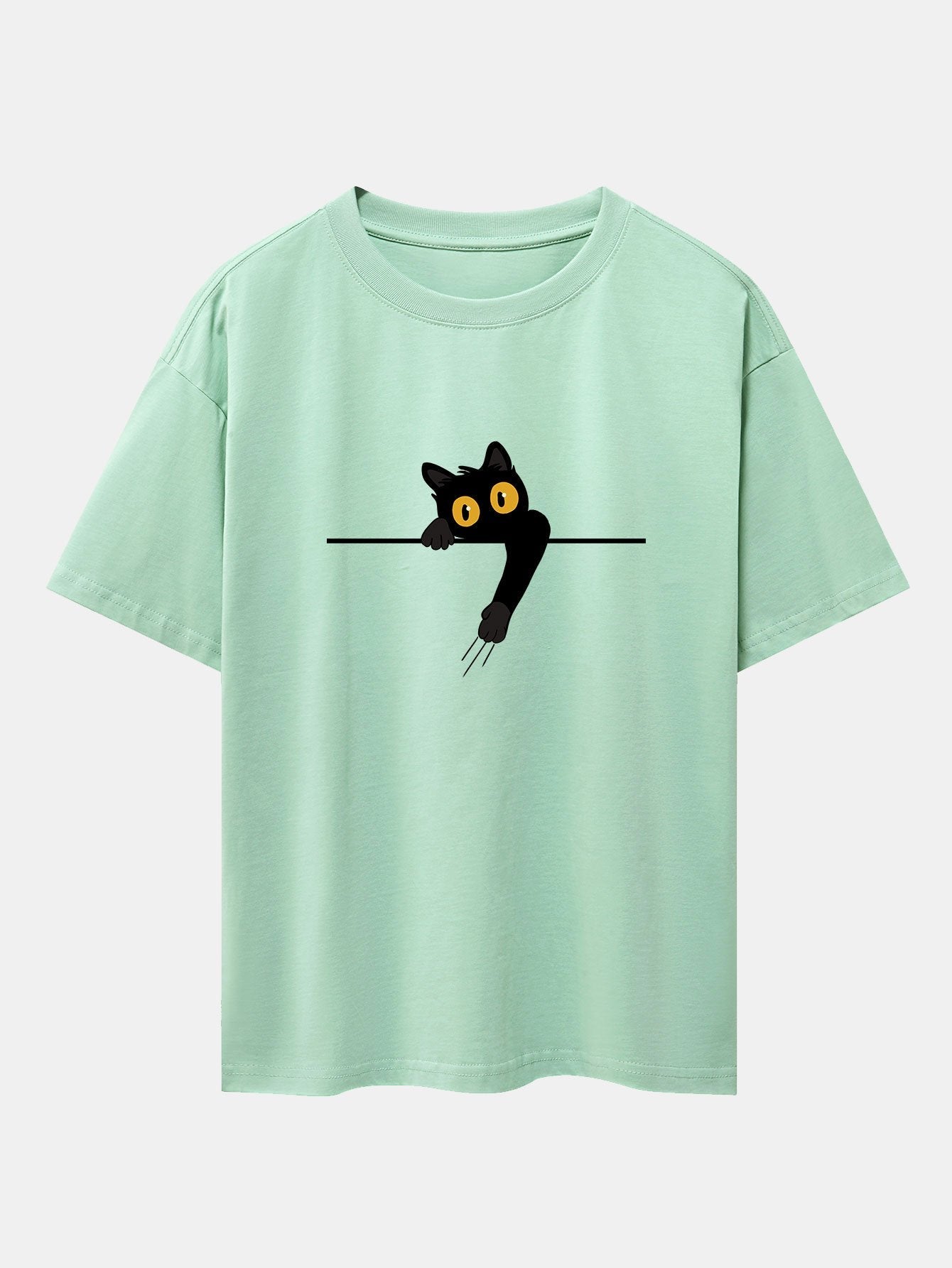 Black Cat Print Drop Shoulder Oversize T-Shirt