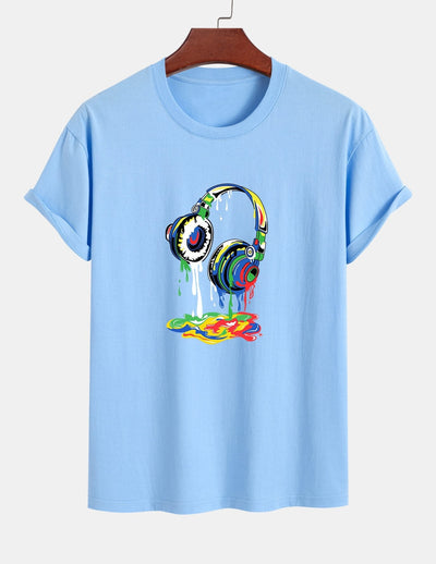 Regular Fit Dissolving Headphones Print Cotton T-Shirt