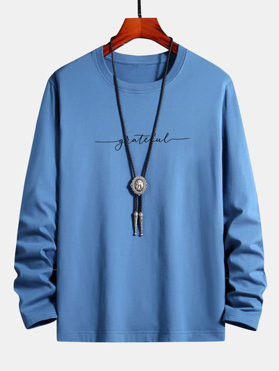 Long Sleeve Grateful Print Cotton T-Shirt