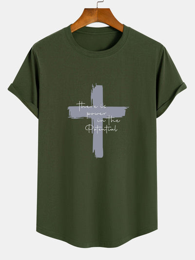 Cross Slogan Print Cotton Arc Hem T-Shirt