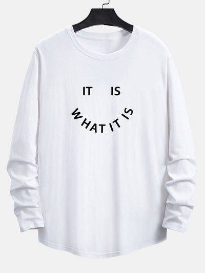 Long Sleeve Slogan Print Cotton Arc Hem T-Shirt