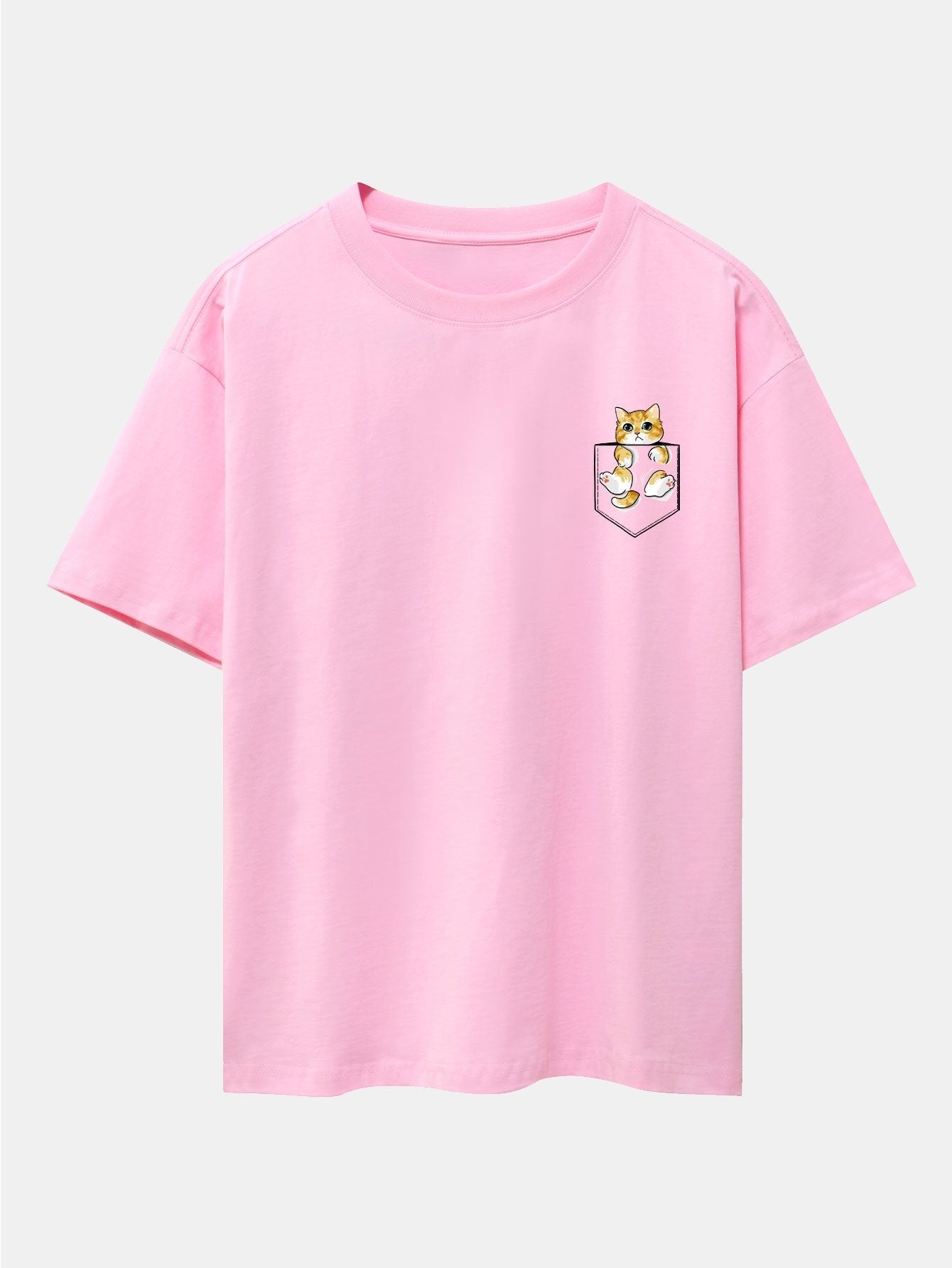 Pocket Cat Print Drop Shoulder Oversize T-Shirt