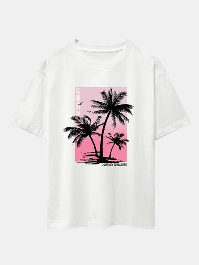 Palm Tree Pink Background Print Oversize T-Shirt