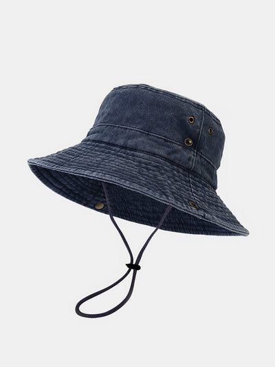 Washed Distressed Bucket Hat With Chin Strap