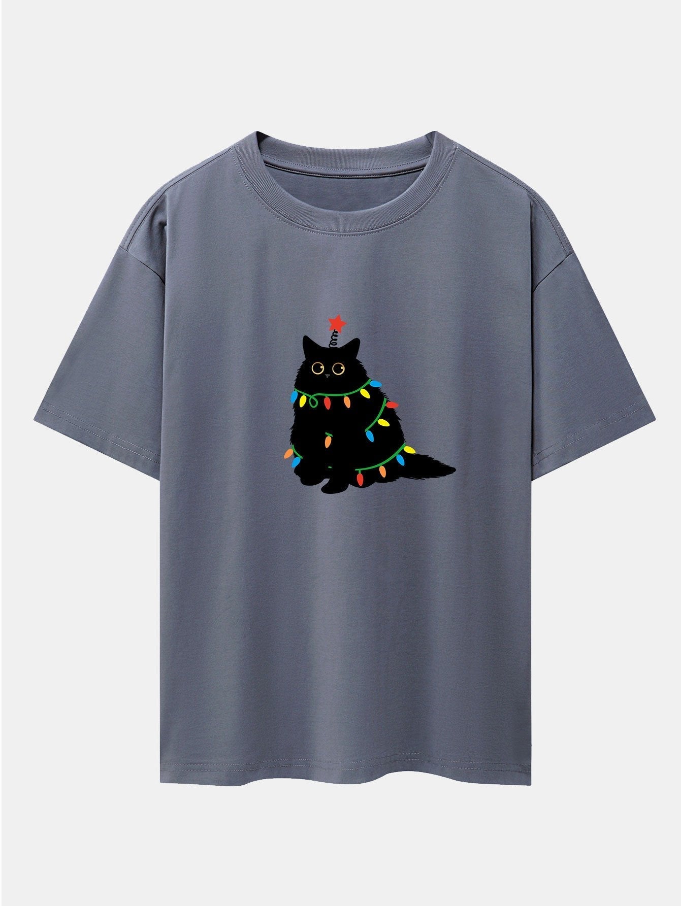 Christmas Lights Black Cat Print Drop Shoulder Oversize T-Shirt