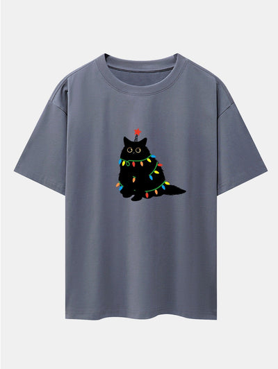 Christmas Lights Black Cat Print Drop Shoulder Oversize T-Shirt